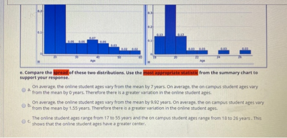 0.2 03 0.2 0.1 0.12 0.02 0.03 0.02_0.02 0.02 Age a. e. Compare the spread of these two distributions. Use the most appropriat