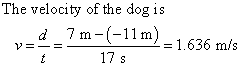 The velocity of the dog is ._d 7m-(-11m) 1.636 m/s 17 s
