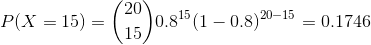 P(X = 15) = (29) 0.815(1 – 0.8) 20-15 = 0.1746