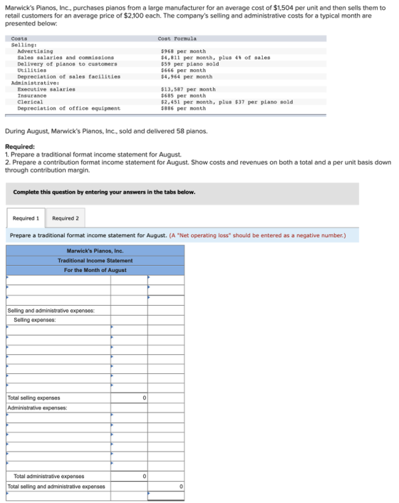 Marwicks Pianos, Inc., purchases pianos from a large manufacturer for an average cost of $1,504 per unit and then sells them to retail customers for an average price of $2,100 each. The companys selling and administrative costs for a typical month are presented below: Cost Formula Costs Selling: Advertising Sales salaries and commissions Delivery of pianos to customers Utilities Depreciation of sales facilities $968 per month $4,811 per month, plus 4% of sales $59 per piano sold $666 per month $4,964 per month Administrative: Executive salaries Insurance Clerical Depreciation of office equipment $13,587 per month $685 per month $2,451 per month, plus $37 per piano sold $886 per month During August, Marwicks Pianos, Inc., sold and delivered 58 pianos. Required: 1. Prepare a traditional format income statement for August. 2. Prepare a contribution format income statement for August. Show costs and revenues on both a total and a per unit basis down through contribution margin. Complete this question by entering your answers in the tabs below Required1 Required 2 Prepare a traditional format income statement for August. (A Net operating loss should be entered as a negative number.) Marwicks Pianos, Inc. Traditional Income Statement For the Month of August Selling and administrative expenses: Selling expenses: Total selling expenses Administrative expenses: Total administrative expenses Total selling and administrative expenses 0