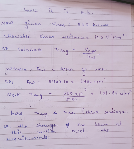 hence it is Now ginen maka 550 kn una allowable shear eusistance 120N lmm 2 Calculate e Aug Vmax Aw. where Aw Ć web. oy soj A