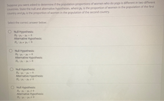Suppose you were asked to determine if the population proportions of women who do yoga is different in two different countrie