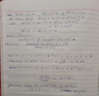 have given-nto).tt_m(o):32 We Now Conside mean (x-2Y) shonderd mein deviatim (x-27) =-/80 g. get 4-2*44 c.v. ( X-27 ) 3-34- bsolule Value of coerrrrr까 이 variance