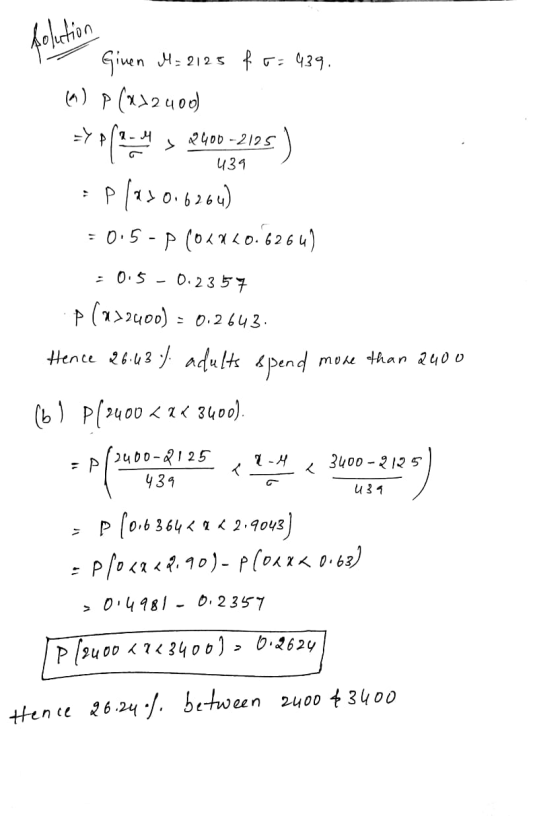 439 1 Ginen M= 2125 f r = 439. (6) p (272400) => p (9s 2400 -2105) plaz0.6264) =0.5 - P (OKU 20.6264) = 0.5 – 0.2357 :p (2x24