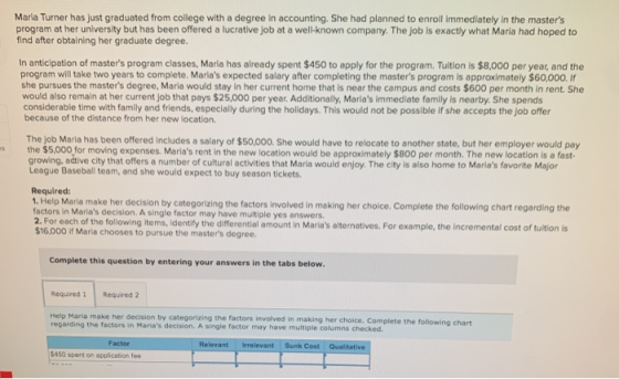 Maria Turner has just graduated from college with a degree in accounting. She had planned to enroll immediately in the master