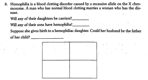 8. Hemophilia is a blood clotting disorder caused by a recessive allele on the X chro- mosome. A man who has normal blood clo