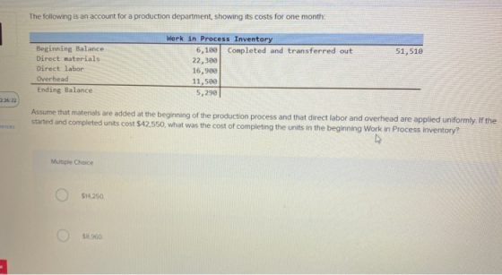 The following is an account for a production department, showing its costs for one month: 51,510 Beginning Balance Direct mat