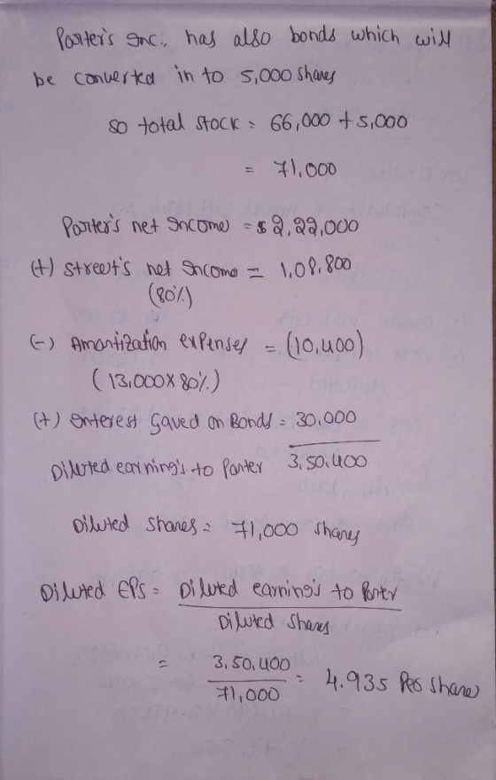 PoRters Snc has also bonds which wi be converkd ih to s,000 Shary So total Stock 66,000 ts,00 1,000 Porters net Sncome sa,2
