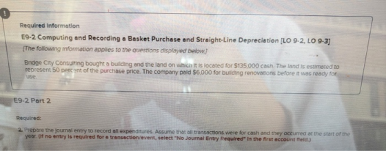 Required Information E9-2 Computing and Recording a Basket Purchase and Straight-Line Depreciation [LO 9-2, LO 9-3] The follo