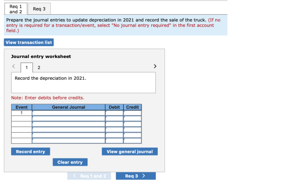 Reg 1 and 2 Req 3 Prepare the journal entries to update depreciation in 2021 and record the sale of the truck. (If no entry i