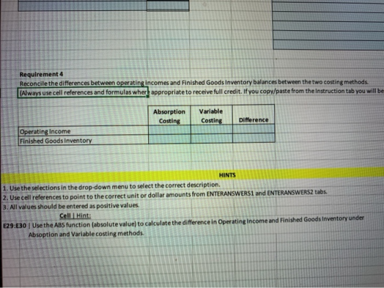 Requirement 4 Reconcile the differences between operating incomes and Finished Goods Inventory balances between the two costi