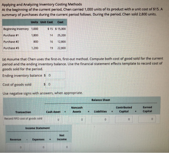 Applying and Analyzing Inventory Costing Methods At the beginning of the current period, Chen carried 1,000 units of its product with a unit cost of $15. A summary of purchases during the current period follows. During the period, Chen sold 2,800 units. Units Unit Cost Cost Purchase #1 Purchase #2 Purchase #3 Beginning Inventory 1,000 15 $15,000 1,800 800 1,200 14 25,200 16 12,800 19 22,800 (a) Assume that Chen uses the first-in, first-out method. Compute both cost of good sold for the current period and the ending inventory balance. Use the financial statement effects template to record cost of goods sold for the period. Ending inventory balance o Cost of goods sold Use negative signs with answers, when appropriate. Balance Sheet Noncash Contributed Earned Transaction Cash Asset + Assets Liabilities + Capital + Capital Record FIFO cost of goods sold 0 Income Statement Net Revenue . Expenses # Income 0