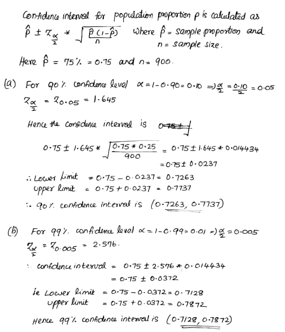 Confielence interval for population proportion p is cakulated as where = sample proportion and ne sample size. Here ² = 75% =