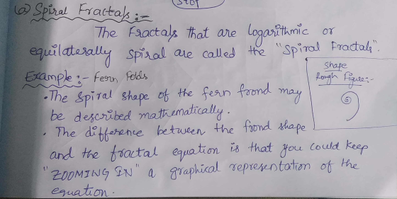 shape Spiral Fractals :- The Fractals that are logarithmic or equilaterally spiral are called the spiral Fractals. Example