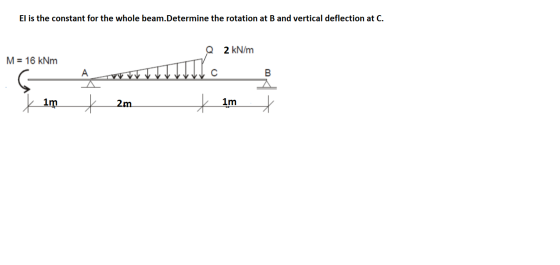 El is the constant for the whole beam.Determine the rotation at B and vertical deflection at C. 2 kN/m M = 16 kNm vi vet hull