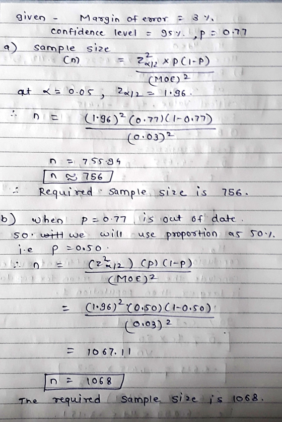 given Margin of error confidence level Isy. Op : 0.77 a) Sample size Co = 2X12 x PCI-P) (MOE) 2 aut x = 0.05; 281.22 1.96 Die