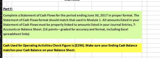 Part F: Complete a Statement of Cash Flows for the period ending June 30, 2017 in proper format. The Statement of Cash Flows