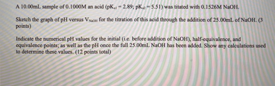 A 10.00mL sample of 0.1000M an acid (pKg) = 2.89; PK 2 = 5.51) was titated with 0.1526M NaOH. Sketch the graph of pH versus V