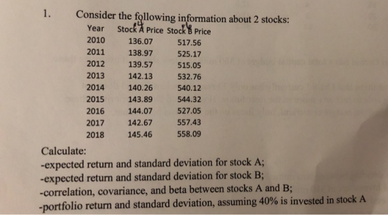 Consider the following information about 2 stocks: Year Stock Price Stock Price 2010 136.07 517.56 2011 138.97 525.17 2012 13