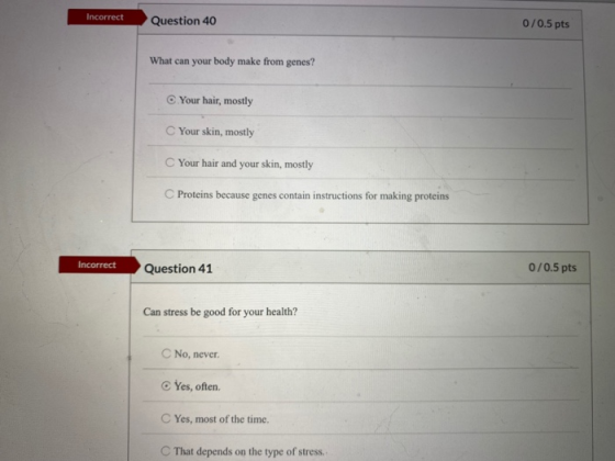 Incorrect Question 40 0/0.5 pts What can your body make from genes? Your hair, mostly C Your skin, mostly Your hair and your