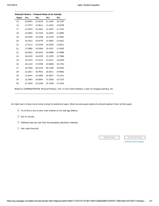 11/21/2019 Aplia: Student Question Interest Factors - Present Value of an Annuity Years 2% 3% 4% 5% 12.8493 13.5777 11.9379 1