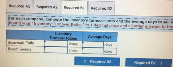 Required A1 Required A2 Required B1 Required B2 For each company, compute the inventory turnover ratio and the average days t