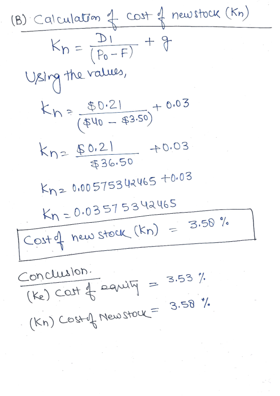 cost (B) calculation of of new stock (Kn) + g DI Kna (Po -- F) Using the values, kna $0.21 + 0.03 $3.50) ($40 knz $0.21 +0.03