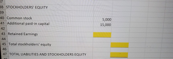 87 88 STOCKHOLDERS EQUITY 39 40 Common stock 41 Additional paid-in capital 5,000 15,000 42 43 Retained Earnings 44 45 Total
