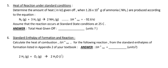 5. Heat of Reaction under standard conditions : Determine the amount of heat (in kJ) given off, when 1.26 x 104 g of ammonia