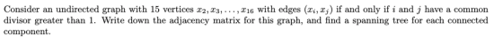 Consider an undirected graph with 15 vertices z2, r3,..., X16 with edges (xi, xj) if and only if i and j have a common diviso