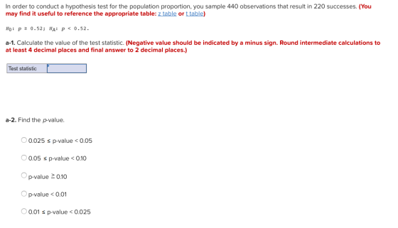 In order to conduct a hypothesis test for the population proportion, you sample 440 observations that result in 220 successes. (You may find it useful to reference the appropriate table: z table or t table Ho: p 0.52; HA: P 0.52 a-1. Calculate the value of the test statistic. (Negative value should be indicated by a minus sign. Round intermediate calculations to at least 4 decimal places and final answer to 2 decimal places.) Test statistic a-2. Find the p-value. 0.025 s p-value<o.05 0.05s p-value<0.10 O p-value 0.10 O p-value < 0.01 0.01s p-value$0.025