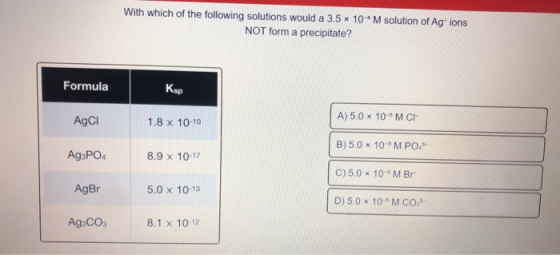 With which of the following solutions would a 3.5 x 10M solution of Ag+ ions NOT form a precipitate? Formula Ksp A) 5.0 * 10M