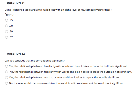 QUESTION 31 Using Pearsons r table and a two-tailed test with an alpha level of .05, compute your critical r. r crit = ? 95 .