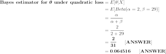 Bayes estimator for under quadratic loss = E[0|X] = E[Betala = 2,8 = 29)] at B 2+29 = 31 ANSWER = 0.064516 ANSWER