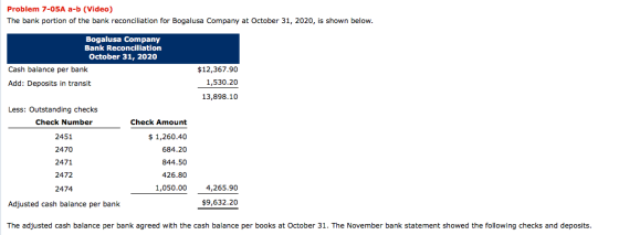 Problem 7-05A a-b (Video) The bank portion of the bank reconciliation for Bogalusa Company at October 31, 2020, is shown belo