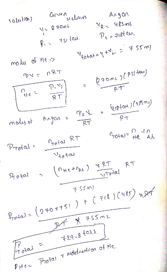 Curinn solution) delium Angon. Ven 485 m2 Va Q70m2 P2 = 71stou. Bia tsitou. 755m total alth a moly of He > PV = nRT 1270m2 21