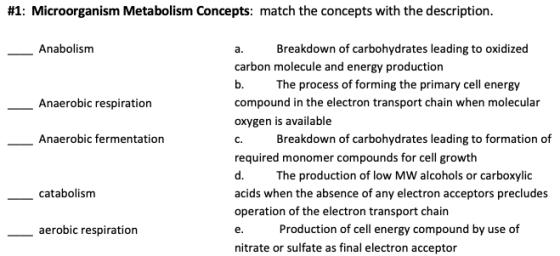 #1: Microorganism Metabolism Concepts: match the concepts with the description. Anabolism Anaerobic respiration Anaerobic fer