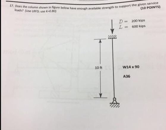 17. Does the column shown in figure below have enough available stre loads? (Use LRFD, use K-0.80) to support the given service (10 POINTS) D 200 kips L 600 kips 10 ft W14 x 90 A36