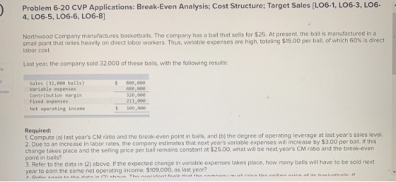 Problem 6-20 CVP Applications: Break-Even Analysis; Cost Structure; Target Sales (L06-1, LO6-3, L06- 4, L06-5, LO6-6, LO6-8)