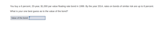 You buy a 6 percent, 20-year, $1,000 par value floating rate bond in 1999. By the year 2014, rates on bonds of similar risk a