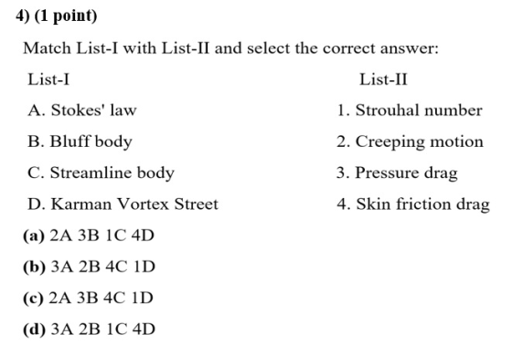 4) (1 point) Match List-I with List-II and select the correct answer: List-I List-II A. Stokes law 1. Strouhal number B. Blu