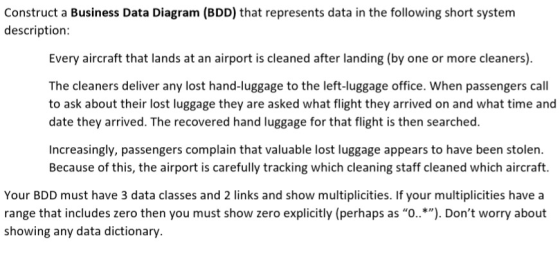 Construct a Business Data Diagram (BDD) that represents data in the following short system description: Every aircraft that l
