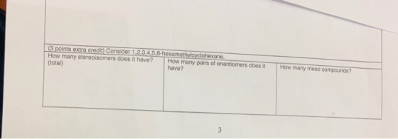 (3 points extra credit) Consider 1.2.3.4.5.6-hexamethylcyclohexane. How many stereoisomers does it have? How many pairs of en