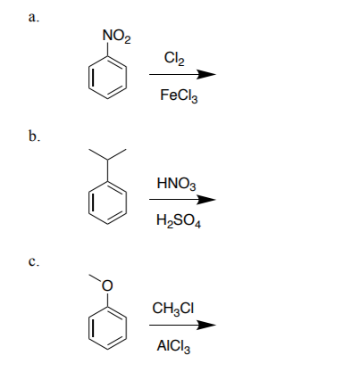 a. NO2 Cl2 FeCl3 b. HNO3 H2SO4 C. CH2CI AICI: