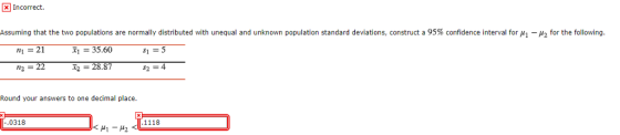 Incorrect Assuming that the two populations are normally distributed with unequal and unknown population standard deviations, construct a 95% confidence interval for 11 μ 2 for the following 21 Ху-35.60 s1 = 5 n2 = 22 x2 = 28.57 Round your answers to one decimal place. 0318 1118