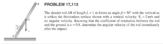 B PROBLEM 17.113 The slender rod AB of length L = 1 m forms an angle B = 30° with the vertical as it strikes the frictionless