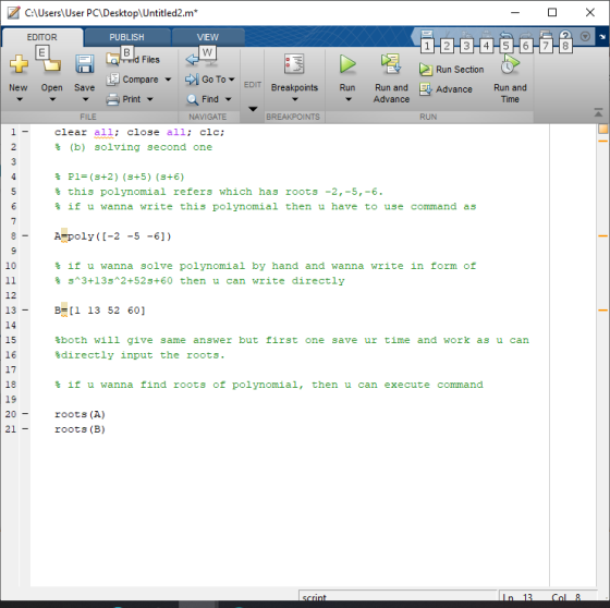X IEI C:\Users\User PC\Desktop\Untitled2.m* EDITOR PUBLISH VIEW B w Id Files El Compare Go To New Open Save Print Find 1-2-3-