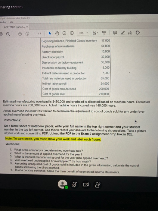 haring content 1 / 1 21 20.pdf - Adobe Acrobat Reader DC Vindow Help ACCT2102 Exam 2 - X 110% - le Beginning balance, Finishe