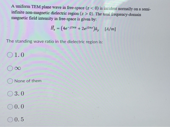 A uniform TEM plane wave in free-space (z < 0) is incident normally on a semi- infinite non-magnetic dielectric region (z > 0
