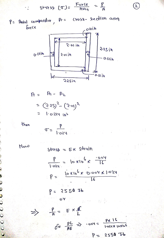 Force Area Р. stress (5)= A= cho&&- section area Pa Naiced compressive force onih 2.01 in 2.25 in 0:12in 2.01 in o.lrih k ori